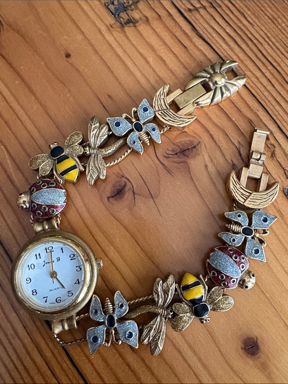 Avon Gold Tone Bee & Butterfly Bracelet Watch with Yellow and Red Enamel Accents